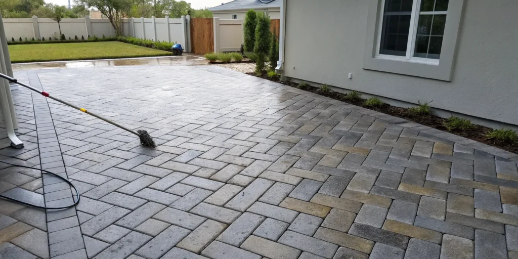 A wet paver patio being cleaned before sealing, a key step that affects the total paver cleaning and sealing cost.