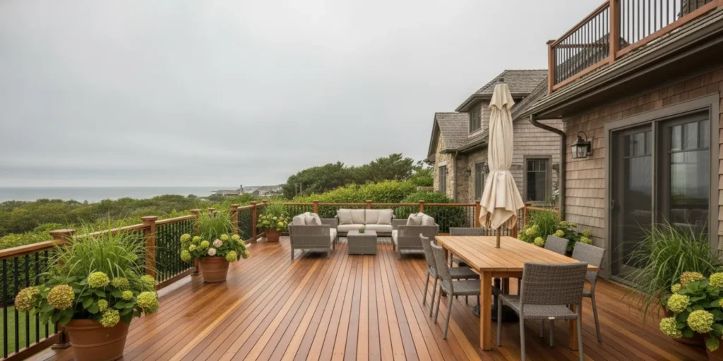 A restored Brazilian hardwood deck beside a Long Island coastal home