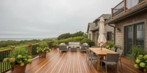 A restored Brazilian hardwood deck beside a Long Island coastal home